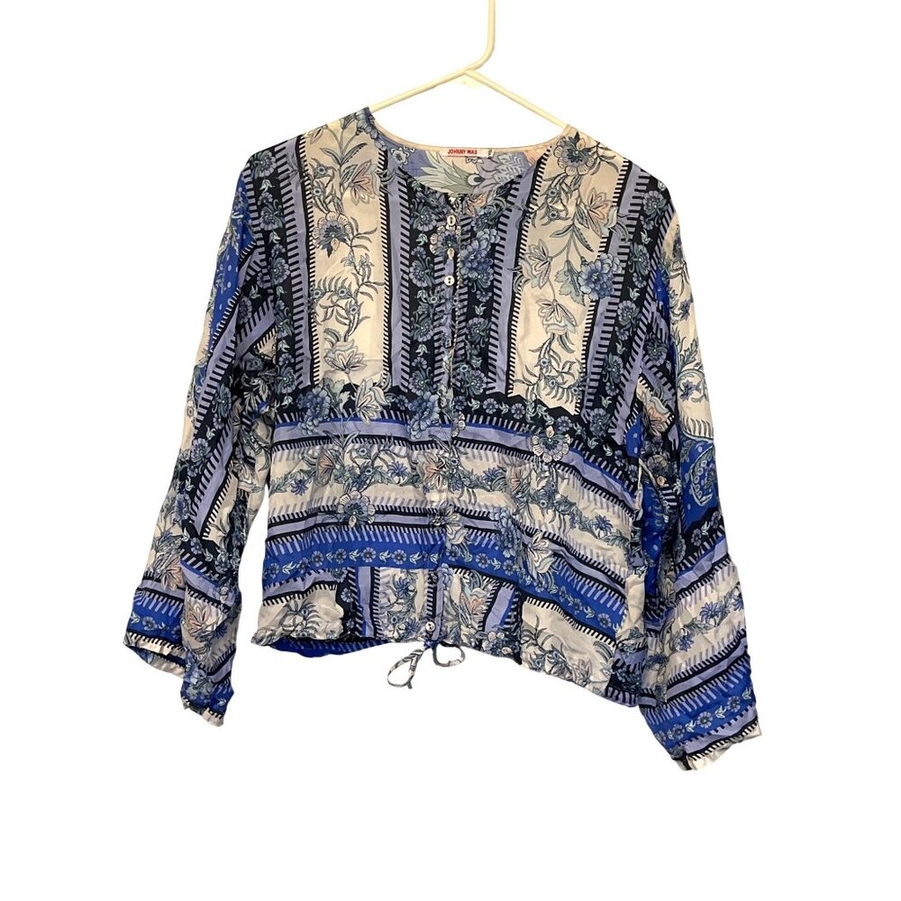 Johnny Was Revive Jacky Floral Silk Top With Button Front & Cinch Tie Waist XS